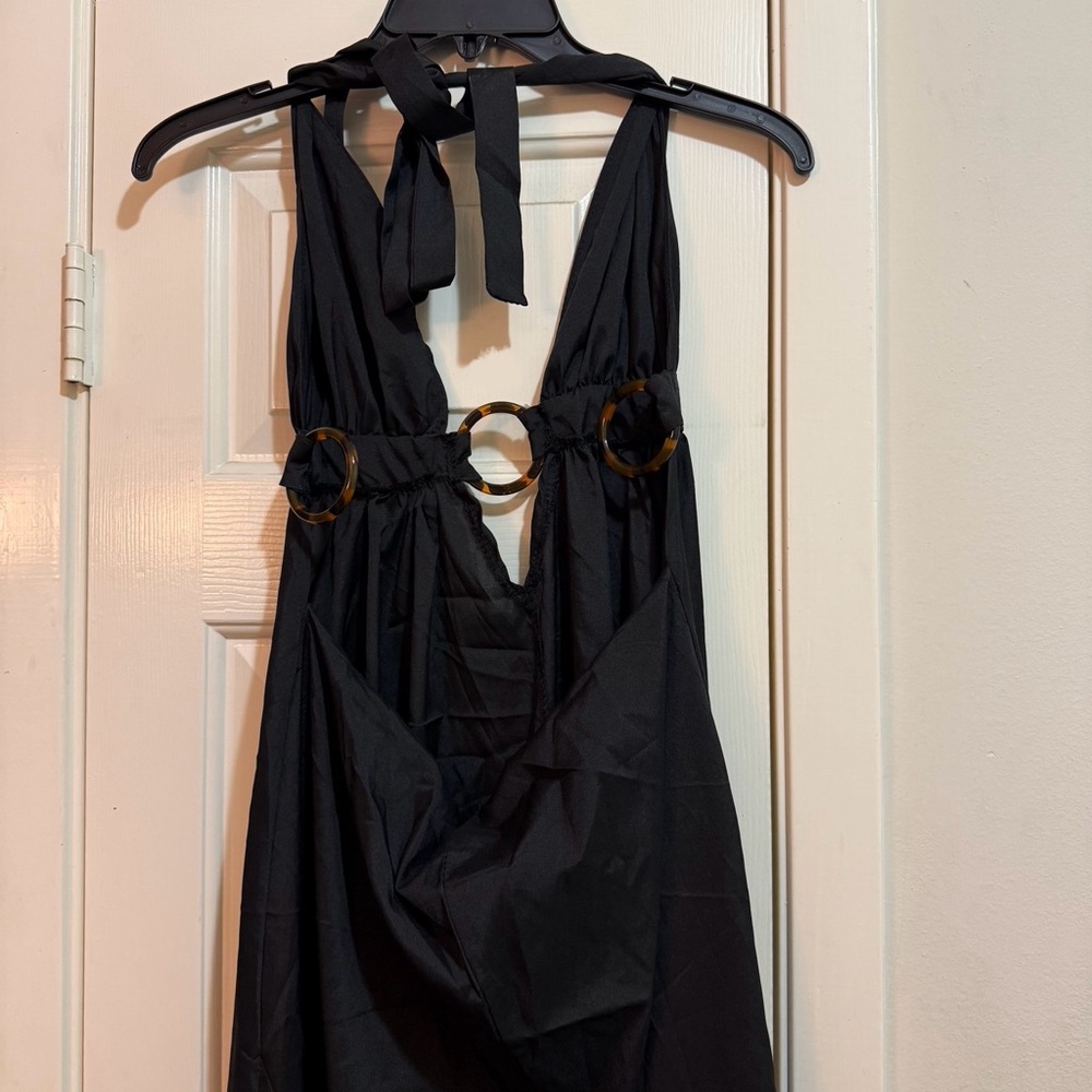 Black Halter Dress with Ring Accents